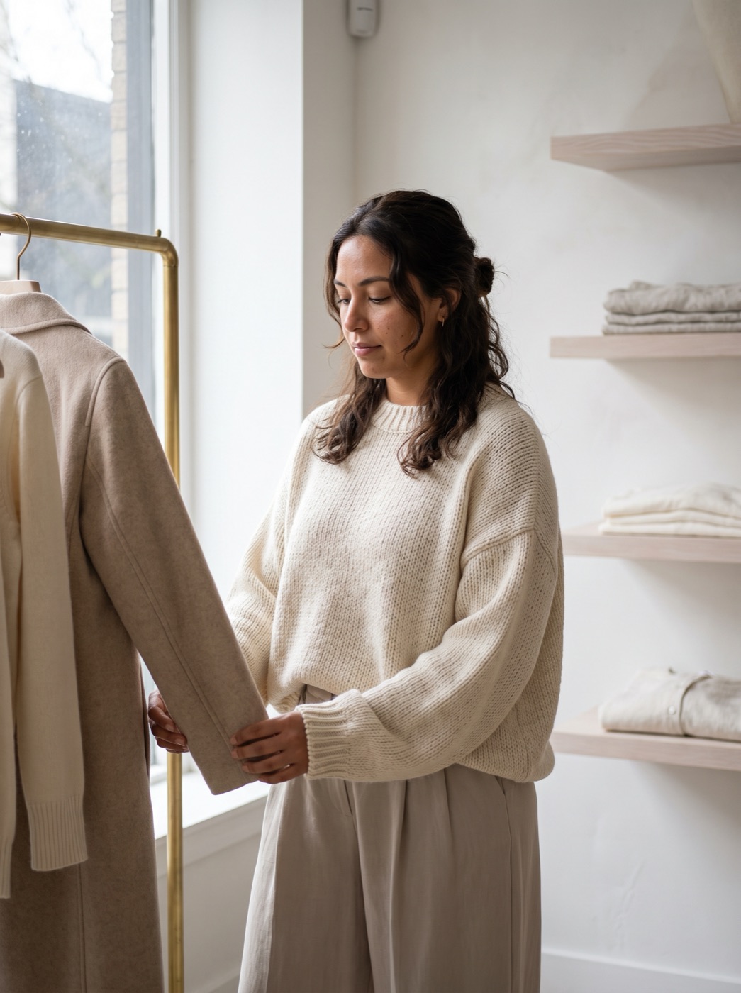Feeling the sleeve of a wool coat on the rack