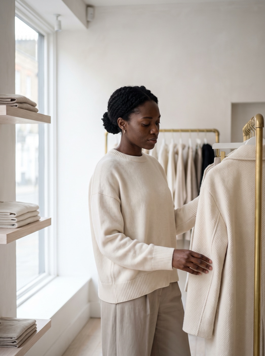 Customer considering a cream coat by the window