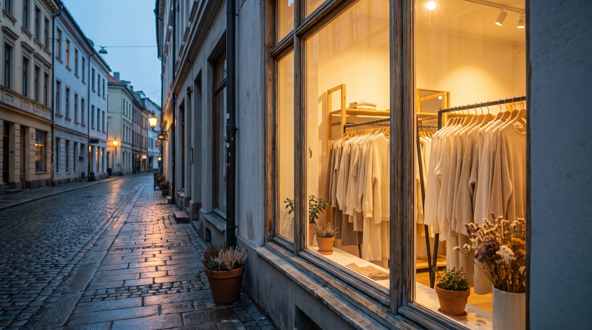 The boutique window glowing warm at dusk